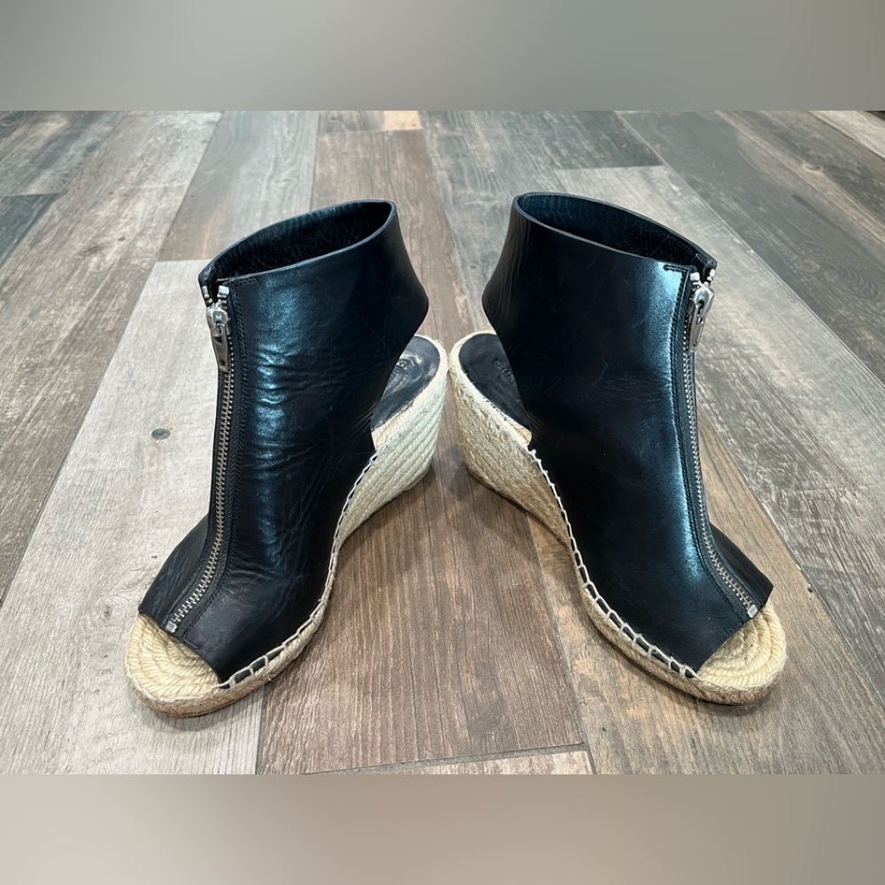 Celine Black Leather Peep-Toe Zip Espadrille Wedge Sandals